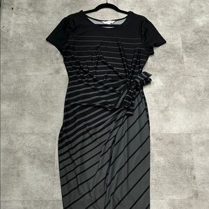 AA Studio Black and Gray stripe modern dress with side sash tie.